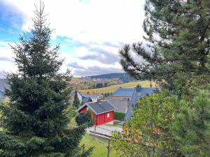 a red barn in the middle of a forest of trees at 3 Zimmer Apart Bergblick in Kurort Oberwiesenthal