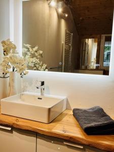 La salle de bains est pourvue d'un lavabo blanc et d'un miroir. dans l'établissement Chalet - Kleines Paradies -, à Appenzell