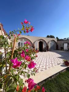 una casa con flores rosas en el patio en West Bank luxury villa en Luxor