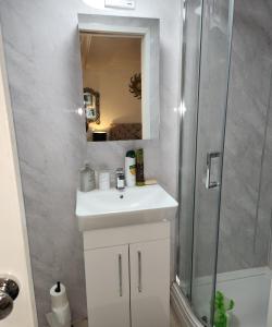 uma casa de banho com um lavatório branco e um chuveiro em Ensuit Room in Solihull Town Centre em Solihull