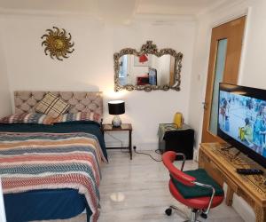 um quarto com uma cama, uma televisão e uma cadeira em Ensuit Room in Solihull Town Centre em Solihull