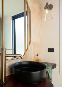 a black bowl sink in a bathroom with a mirror at Hilltop Off Grid Tiny House with Outdoor Bath 
