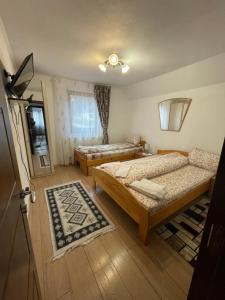 a small room with two beds and a mirror at Casa de vacanța Tara in Rau Sadului