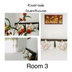 a collage of three pictures of a room with a bed at River Side Guest house in Maskeliya