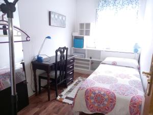 een slaapkamer met een bed, een bureau en een televisie bij La Casuca de Ana&Isabel in Palencia