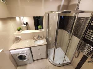 een badkamer met een douche, een wastafel en een wasmachine bij San Marino in Zakopane