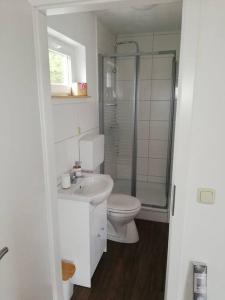 ein weißes Bad mit einem WC und einer Dusche in der Unterkunft Ferienwohnung am Stettiner Haff in Mönkebude