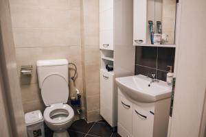 a small bathroom with a toilet and a sink at Mare's Corner in Ohrid +21 photos