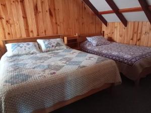 1 dormitorio con 2 camas en una cabaña de madera en Hostal Tintica Buey Puerto Fuy en Puerto Fuy