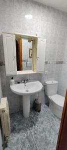 een badkamer met een wastafel, een toilet en een spiegel bij Casa El Rostro in Aldeadávila de la Ribera