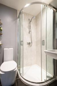 W łazience znajduje się prysznic, toaleta i umywalka. w obiekcie The Stable—Historic Property in Downwood Vineyard w mieście Blandford Forum