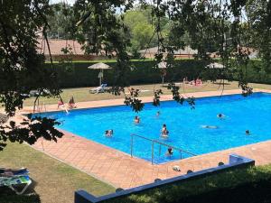 a group of people swimming in a large swimming pool at Casa Caldes de Malavella, 3 dormitorios, 6 personas - ES-209-74 in Caldes de Malavella