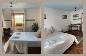 two pictures of a bedroom with a large bed at A L'ANCRE in Waltenheim-sur-Zorn