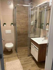 ein Bad mit einer Dusche, einem WC und einem Waschbecken in der Unterkunft Apartman Vrbas 1 + Podzemna garaza in Banja Luka