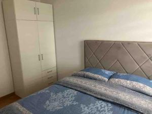 ein Schlafzimmer mit einem Bett und einem weißen Schrank in der Unterkunft Apartman Vrbas 1 + Podzemna garaza in Banja Luka