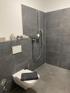 a bathroom with a shower and a toilet in it at Beach II Appartement in Bad Salzuflen