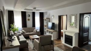 sala de estar con sofá y chimenea en SKY LUX apartman, en Surčin