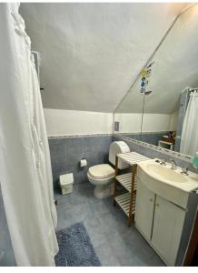 bagno con servizi igienici, lavandino e specchio di Hospedaje Noah a Ezeiza