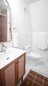 a bathroom with a sink and a toilet and a mirror at NJ Lakefront A-Frame, Millville, NJ - 2 bedroom Cabin Home in Millville