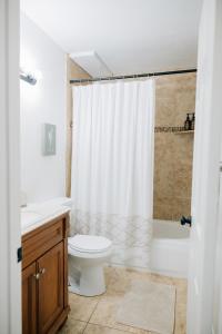 uma casa de banho com um WC e uma cortina de chuveiro em Monthly Rate Special - Heart of SLC em Salt Lake City