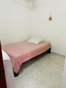 Una cama pequeña en una habitación con una manta rosa. en Apartamento Renta Myla, en Santa Marta