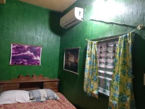 a green bedroom with a bed and a window at El Pacific Surf House in Sipacate