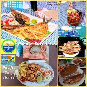 un collage de fotos de comida en una mesa en El Pacific Surf House en Sipacate