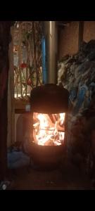 un horno de ladrillo con un fuego dentro de él en Cabaña en el Arbol Picasso, en Bogotá