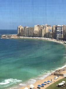 eine Luftansicht auf einen Strand mit Gebäuden und das Meer in der Unterkunft بانوراما in Alexandria