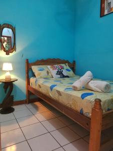 1 dormitorio con 1 cama en una habitación azul en Hostel Rossy en San Juan del Sur
