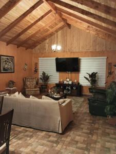 ein Wohnzimmer mit Couch und Flachbildfernseher in der Unterkunft Casa Cudico bajo- Lican ray in Villarrica
