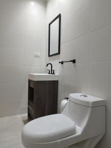 La salle de bains blanche est pourvue de toilettes et d'un lavabo. dans l'établissement Marejada, à Comodoro Rivadavia