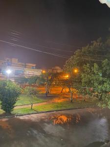 eine nächtliche Aussicht auf einen Park mit Bäumen und Lichtern in der Unterkunft Quarto em Casa na rua mais linda da Cidade in Rio Grande
