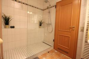 Un baño con ducha y puerta de cristal. en Birkenhof App 71, en Wustrow 11 fotos más