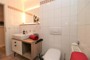 ein Badezimmer mit Waschbecken, Toilette und Spiegel in der Unterkunft Oewern Diek App 58 in Wustrow + 20 Fotos