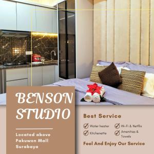 een poster voor een slaapkamerstudio met een bed en een keuken bij Ayodhya Studio at Benson Tower in Lontar