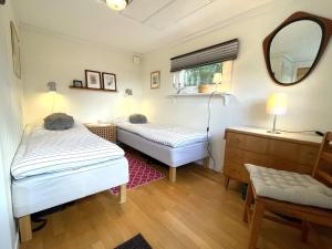 1 Schlafzimmer mit 2 Betten und einem Spiegel in der Unterkunft Holiday home PRÄSSEBO II in Eckerud