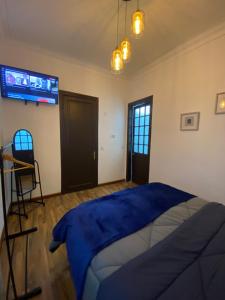 1 dormitorio con 1 cama y TV en la pared en Hostal El Raco, en Santiago