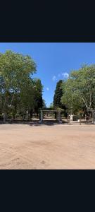 a bench in a park with trees in the background at Conteiner en Comdoro Py 