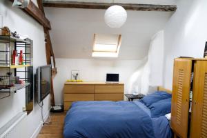 1 dormitorio con 1 cama con sábanas azules y TV en Nice House with Garden inside Paris, en París