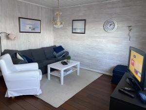 uma sala de estar com um sofá e uma mesa em Rosendal Hyttetun em Rosendal