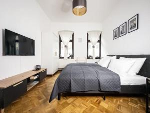 um quarto com uma cama e uma secretária com uma televisão em Erstklassige 3-Zimmer Wohnung em Leipzig