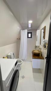 La salle de bains blanche est pourvue de toilettes et d'un lavabo. dans l'établissement view, à Kazbegi