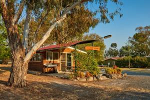 a small cabin with a tree and a sign at Tenterfield Lodge Caravan Park in Tenterfield