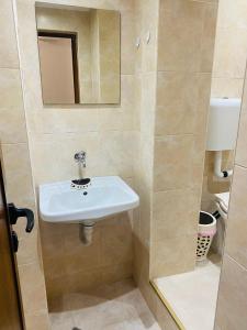 W łazience znajduje się umywalka i lustro. w obiekcie Апартамент за гости Байрактарова w mieście Smolan