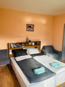 1 dormitorio con 1 cama grande y 2 sillas en Апартамент за гости Байрактарова, en Smolyan