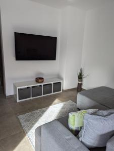 ein Wohnzimmer mit einem Flachbild-TV an der Wand in der Unterkunft Apartment Talblick in Bramberg am Wildkogel