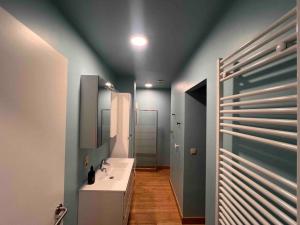 a bathroom with a white sink and a mirror at Le rétro chic - Grand Duplex pour 6 dans le centre in Liège