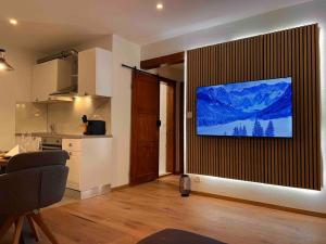 une cuisine avec une télévision accrochée au mur dans l'établissement Mountain View Apartment, à Kandersteg