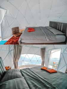 2 foto di una camera da letto in una tenda di หลังสวน โฮมสเตย์ ดอยม่อนแจ่ม2 a Mon Jam
